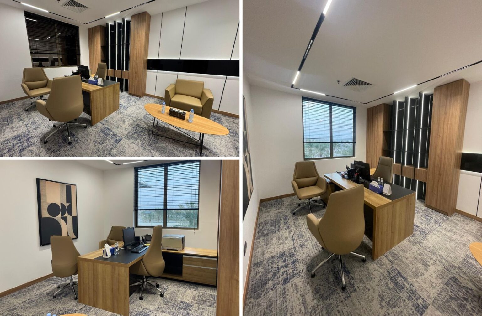A modern office space featuring wooden finishes, sleek furniture, and a well-lit interior.