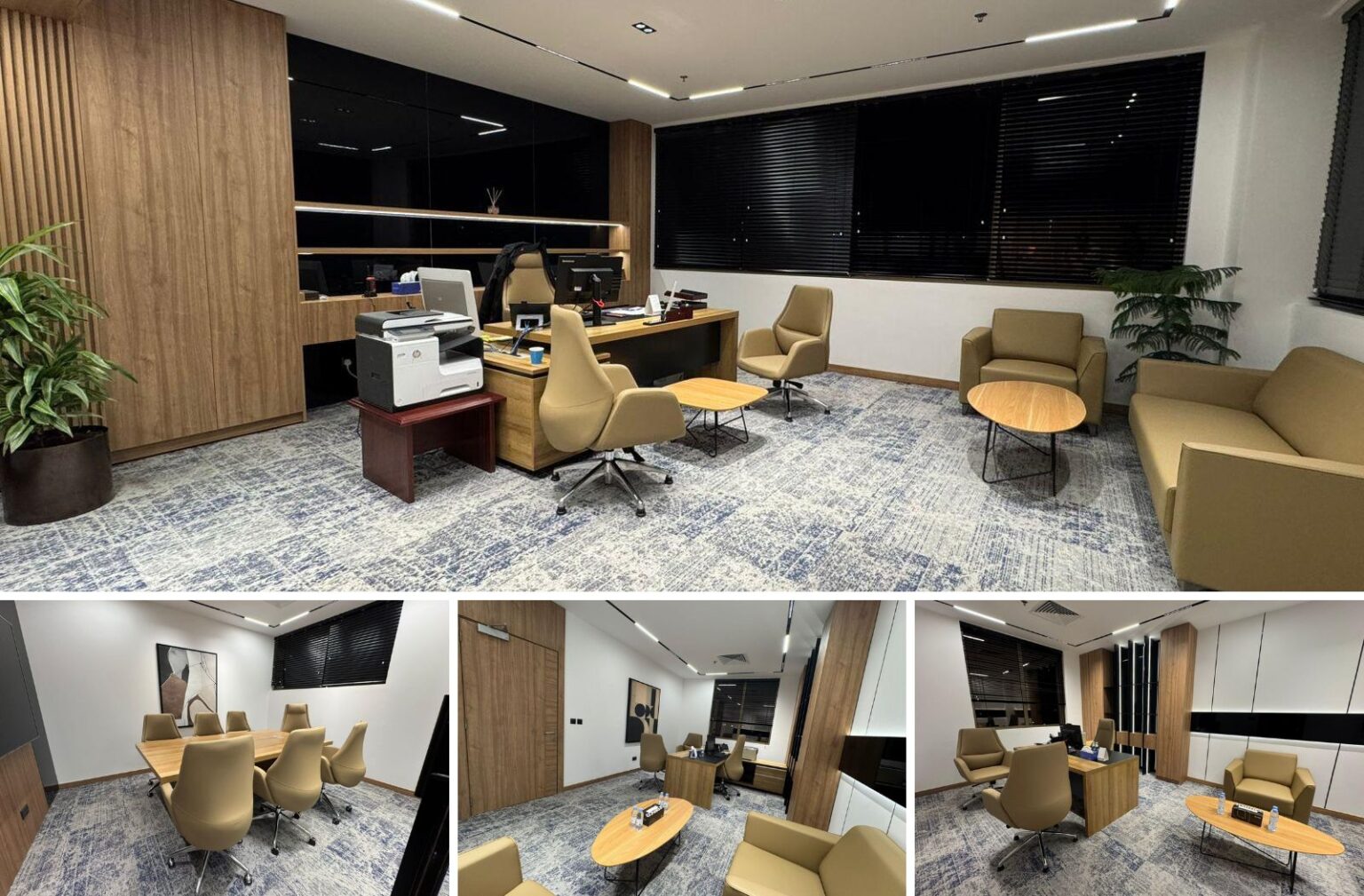 A contemporary office featuring stylish design elements, wooden panels, and elegant seating.