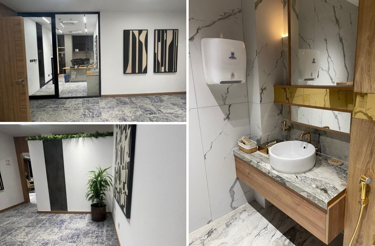 A stylish office reception area with minimalistic decor, featuring abstract wall art and indoor plants.