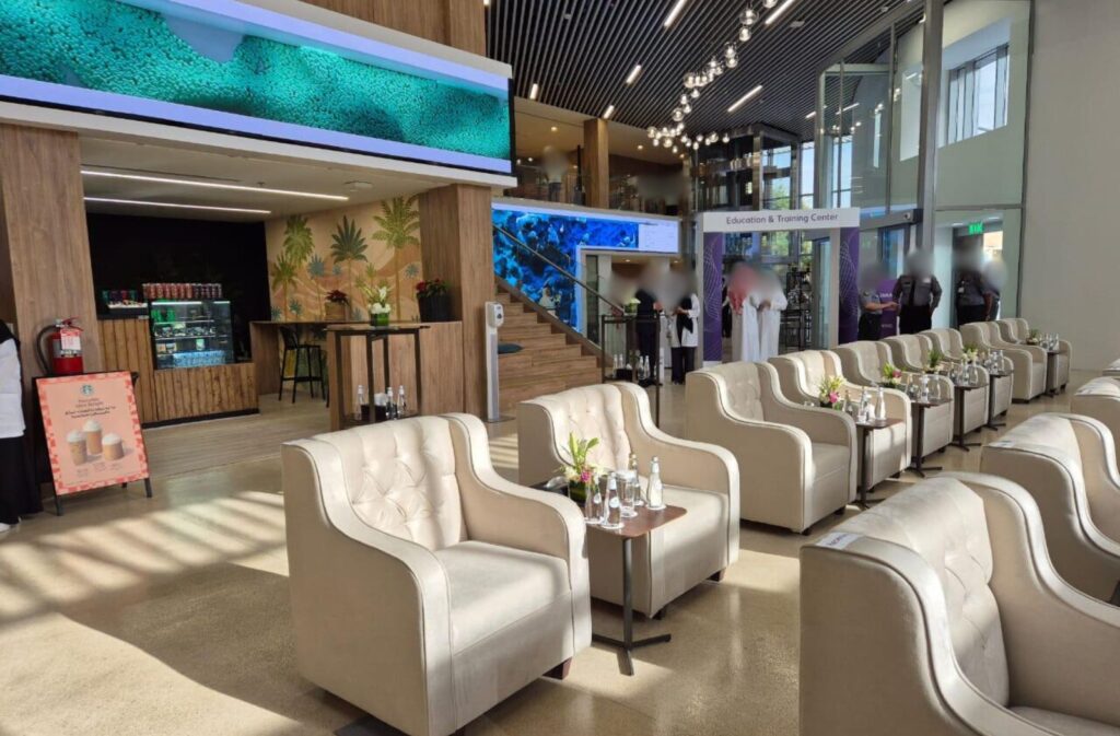 Reception area at King Faisal Hospital featuring custom furniture by Archispace.